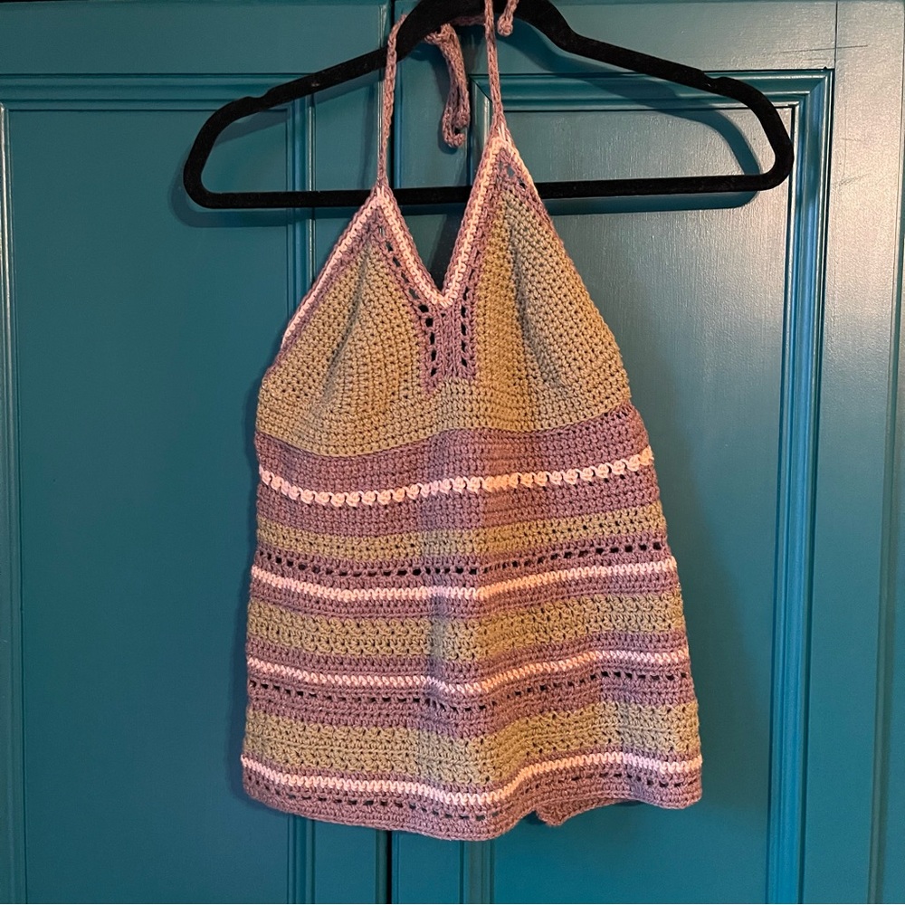 Handmade Crochet Tank Top Open Back XS/S | Boho Festival Pastel Knit | Tie Back